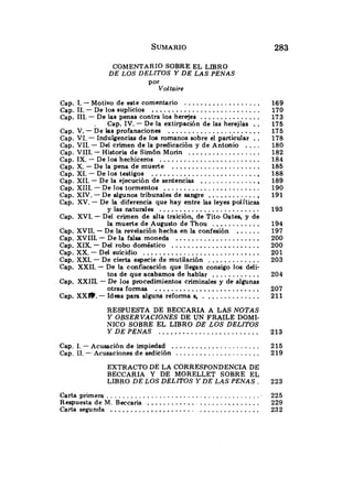COMENTARIO SOBRE EL LIBRO
DE LOS DELITOS Y DE LAS PENAS
Por
Voltaire
...................
.
.
Cap 1 -Motivo de este comentario
...........................
. .
Cap 11 - De los suplicios
...............
. .
Cap 111 - De las penas contra los herqes
. Cap.IV.-De la extirpación de las herejías ..
.......................
.
.
Cap V - De las profanaciones
Cap. VI.-Indulgencias de los romanos sobre el particular ..
....
. .
Cap VI1 -Del crimen de la predicación y de Antonio
..................
. .
Cap VI11 -Historia de Simón Morin
.........................
. .
Cap IX - De los hechiceros
......................
.
.
Cap X - De la pena de muerte
..........................
. .
Cap XI -De los testigos ,
..............
.
.
Cap XII - De la ejecución de sentencias ,
........................
. .
Cap XIII -De los tormentos
............
. .
Cap XIV -De algunos tribunales de sangre ,
Cap.XV.- De la diferencia que hay entre las leyes políticas
ylas naturales .........................
Cap. XVI.- Del crimen de alta traición, de Tito Oates, y de
la muerte de Augusto de Thou ............
......
Cap.XVII.-De la revelación hecha en la confesión
.....................
.
Cap XVIIL - De la falsa moneda
......................
. .
Cap XIX - Dei robo doméstico
.............................
. .
Cap XX - Del suicidio
.............
. .
Cap XXI -De cierta especie de mutilación
Cap. XXII.- De la confiscación que llegan consigo los deli-
tos de que acabamos de hablar ............
Cap. XXIIL -De los procedimientos criminales y de algunas
otras formas ..........................
..............
. .
Cap X X ~
-Ideas para alguna reforma s,
RESPUESTA DE BECCARIA A LAS NOTAS
Y OBSERVACIONES DE UN FRAILE DOMI-
NICO SOBRE EL LIBRO DE LOS DELITOS
Y DE PENAS .........................
......................
Cap. 1.- Acusación de impiedad
.....................
. .
Cap 11 - Acusaciones de sedición
EXTRACTO DE LA CORRESPONDENCIA DE
BECCARIA Y DE MORELLET SOBRE EL
LIBRO DE LOS DELITOS Y DE LAS PENAS .
Carta primera . . . . . . . . . . . . . . . . . . . . . . . . . . . . . . . . . . . . . . .
Respuesta de M. Beccaria ............................
....................................
Carta segunda
 