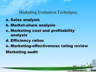 Marketing Evaluation Techniques <ul><li>Sales analysis </li></ul><ul><li>Market-share analysis </li></ul><ul><li>Marketing...