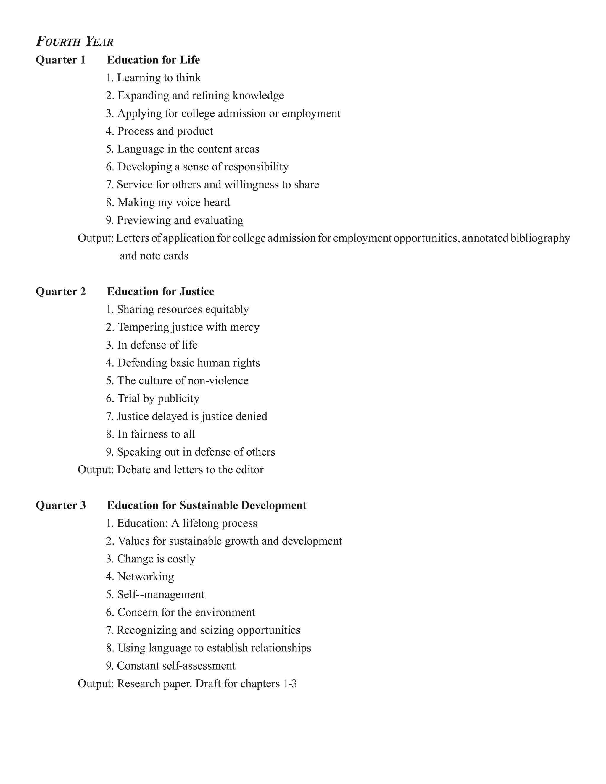 FOURTH YEAR
Quarter 1   Education for Life
            1. Learning to think
            2. Expanding and refining knowledge
            3. Applying for college admission or employment
            4. Process and product
            5. Language in the content areas
            6. Developing a sense of responsibility
            7. Service for others and willingness to share
            8. Making my voice heard
            9. Previewing and evaluating
       Output: Letters of application for college admission for employment opportunities, annotated bibliography
                and note cards

Quarter 2   Education for Justice
            1. Sharing resources equitably
            2. Tempering justice with mercy
            3. In defense of life
            4. Defending basic human rights
            5. The culture of non-violence
            6. Trial by publicity
            7. Justice delayed is justice denied
            8. In fairness to all
            9. Speaking out in defense of others
       Output: Debate and letters to the editor

Quarter 3   Education for Sustainable Development
            1. Education: A lifelong process
            2. Values for sustainable growth and development
            3. Change is costly
            4. Networking
            5. Self--management
            6. Concern for the environment
            7. Recognizing and seizing opportunities
            8. Using language to establish relationships
            9. Constant self-assessment
       Output: Research paper. Draft for chapters 1-3
 