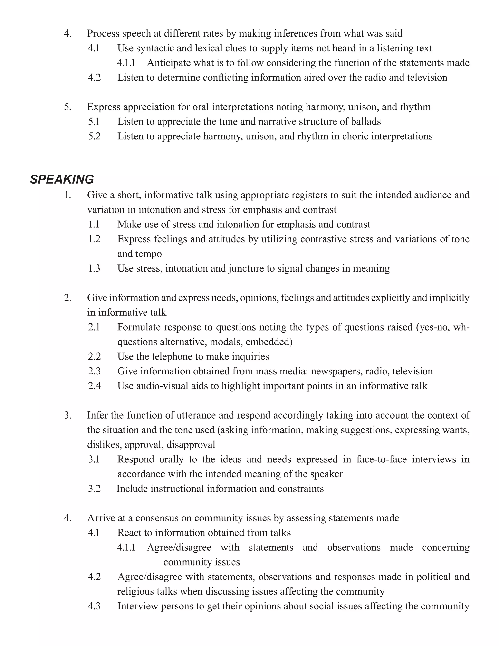 4.   Process speech at different rates by making inferences from what was said
         4.1   Use syntactic and lexical clues to supply items not heard in a listening text
               4.1.1 Anticipate what is to follow considering the function of the statements made
         4.2   Listen to determine conflicting information aired over the radio and television

    5.   Express appreciation for oral interpretations noting harmony, unison, and rhythm
         5.1   Listen to appreciate the tune and narrative structure of ballads
         5.2   Listen to appreciate harmony, unison, and rhythm in choric interpretations



SPEAKING
    1.   Give a short, informative talk using appropriate registers to suit the intended audience and
         variation in intonation and stress for emphasis and contrast
         1.1     Make use of stress and intonation for emphasis and contrast
         1.2     Express feelings and attitudes by utilizing contrastive stress and variations of tone
                 and tempo
         1.3     Use stress, intonation and juncture to signal changes in meaning

    2.   Give information and express needs, opinions, feelings and attitudes explicitly and implicitly
         in informative talk
         2.1     Formulate response to questions noting the types of questions raised (yes-no, wh-
                 questions alternative, modals, embedded)
         2.2     Use the telephone to make inquiries
         2.3     Give information obtained from mass media: newspapers, radio, television
         2.4     Use audio-visual aids to highlight important points in an informative talk

    3.   Infer the function of utterance and respond accordingly taking into account the context of
         the situation and the tone used (asking information, making suggestions, expressing wants,
         dislikes, approval, disapproval
         3.1     Respond orally to the ideas and needs expressed in face-to-face interviews in
                 accordance with the intended meaning of the speaker
         3.2 Include instructional information and constraints

    4.   Arrive at a consensus on community issues by assessing statements made
         4.1    React to information obtained from talks
                4.1.1 Agree/disagree with statements and observations made concerning
                            community issues
         4.2    Agree/disagree with statements, observations and responses made in political and
                religious talks when discussing issues affecting the community
         4.3    Interview persons to get their opinions about social issues affecting the community
 