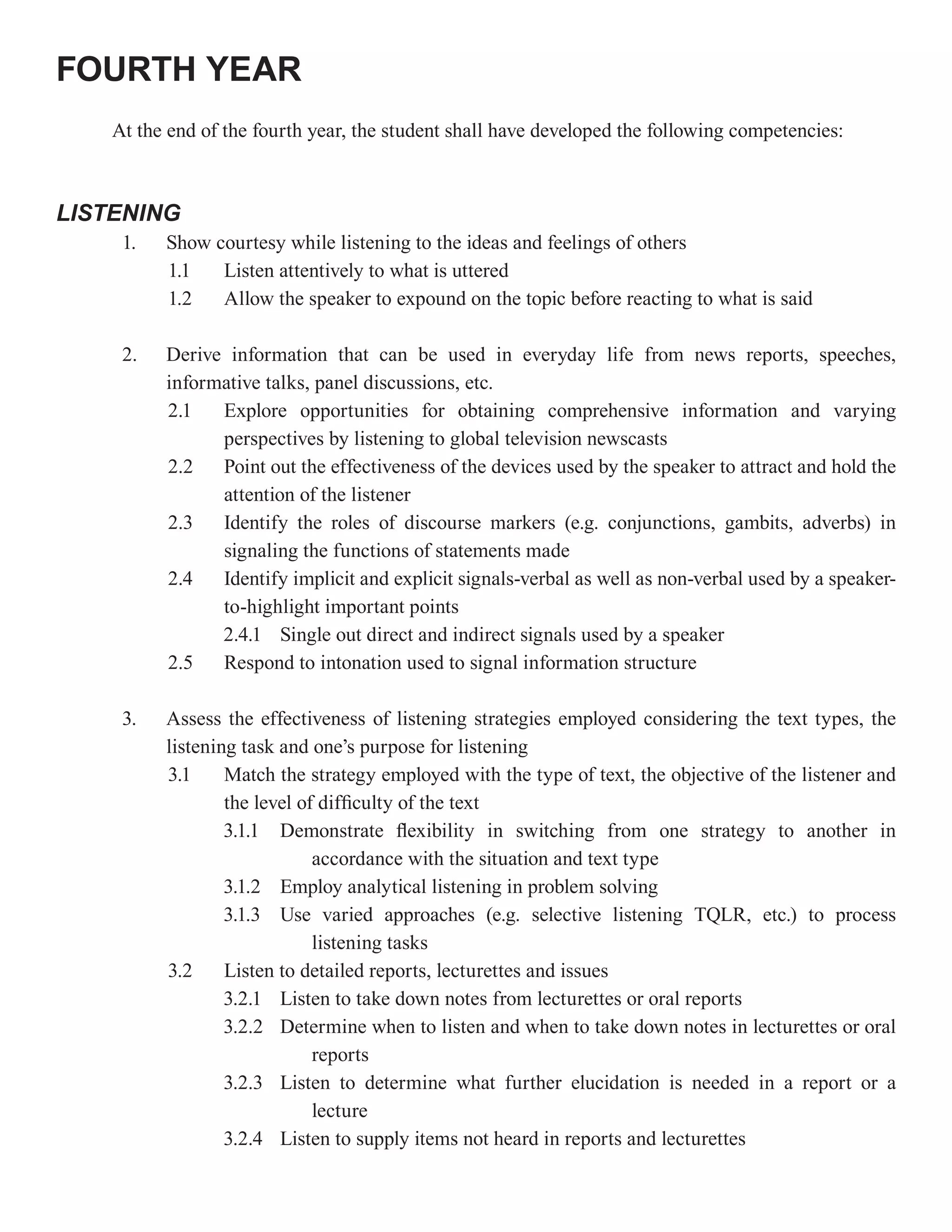 FOURTH YEAR
    At the end of the fourth year, the student shall have developed the following competencies:



LISTENING
     1.   Show courtesy while listening to the ideas and feelings of others
          1.1   Listen attentively to what is uttered
          1.2   Allow the speaker to expound on the topic before reacting to what is said

     2.   Derive information that can be used in everyday life from news reports, speeches,
          informative talks, panel discussions, etc.
          2.1   Explore opportunities for obtaining comprehensive information and varying
                perspectives by listening to global television newscasts
          2.2   Point out the effectiveness of the devices used by the speaker to attract and hold the
                attention of the listener
          2.3   Identify the roles of discourse markers (e.g. conjunctions, gambits, adverbs) in
                signaling the functions of statements made
          2.4   Identify implicit and explicit signals-verbal as well as non-verbal used by a speaker-
                to-highlight important points
                2.4.1 Single out direct and indirect signals used by a speaker
          2.5   Respond to intonation used to signal information structure

     3.   Assess the effectiveness of listening strategies employed considering the text types, the
          listening task and one’s purpose for listening
          3.1     Match the strategy employed with the type of text, the objective of the listener and
                  the level of difficulty of the text
                  3.1.1 Demonstrate flexibility in switching from one strategy to another in
                              accordance with the situation and text type
                  3.1.2 Employ analytical listening in problem solving
                  3.1.3 Use varied approaches (e.g. selective listening TQLR, etc.) to process
                              listening tasks
          3.2     Listen to detailed reports, lecturettes and issues
                  3.2.1 Listen to take down notes from lecturettes or oral reports
                  3.2.2 Determine when to listen and when to take down notes in lecturettes or oral
                              reports
                  3.2.3 Listen to determine what further elucidation is needed in a report or a
                              lecture
                  3.2.4 Listen to supply items not heard in reports and lecturettes
 