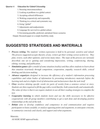 Quarter 4     Education for Global Citizenship
              1. Stressing interconnectedness
              2. Looking at problems in a global context
              3. Accepting cultural differences
              4. Working cooperatively and responsibly
              5. Thinking in a critical and systematic way
              6. Going “global”
              7. Adjustments and readjustments
              8. Language for survival in a global culture
              9. Envisioning possible, preferred, and plural future scenarios
         Output: Research paper or a simple feasibility study




SUGGESTED STRATEGIES AND MATERIALS
   •    Process writing. The students’ written expression is held to be personal, sensitive and valued.
                  writing
        The process suggested accepts that few, if any, writers get their writing correct at first try. They
        plan, review, seek other opinions, and revise many times. The steps of the process are variously
        described, one set is: gaining and considering impressions, writing, conferencing, sharing,
        editing, revising, and publication.
   •    Simulation games offer a model of some situation (reality) and thus allow students to learn about
        that situation vicariously through competition, cooperation, empathy, research skills, critical
        thinking and decision-making.
   •    Advance organizers designed to increase the efficiency of a student’s information processing
        capabilities and relate bodies of information by presenting introductory materials before the
        learning task and at a higher level of abstraction and inclusiveness than the task itself
   •    Cloze involves deleting specific words (or parts of words) from a sentence extract or story.
        Students are then required to fill the gap with a word that fits, both syntactically and semantically.
        The value of cloze is that it can require students to use all their reading strategies to complete the
        text.
   •    Cooperative learning in which students learn and use the skills necessary to be effective
        cooperatively with all group members contributing to get a task done and developing positive
        relationships at the end of the task.
   •    Debate aims to develop confidence and competence in oral communication and requires
        participants to listen carefully, or analyze opposing points and arguments, to anticipate criticism,
        to summarize concisely and clearly, and support and rebut arguments.

       Materials;
        All SEDP, SEMP approved books
 