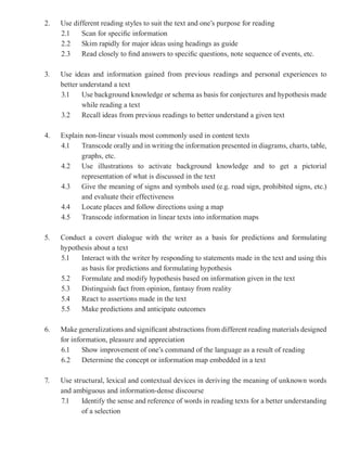 2.   Use different reading styles to suit the text and one’s purpose for reading
     2.1    Scan for specific information
     2.2    Skim rapidly for major ideas using headings as guide
     2.3    Read closely to find answers to specific questions, note sequence of events, etc.

3.   Use ideas and information gained from previous readings and personal experiences to
     better understand a text
     3.1     Use background knowledge or schema as basis for conjectures and hypothesis made
             while reading a text
     3.2     Recall ideas from previous readings to better understand a given text

4.   Explain non-linear visuals most commonly used in content texts
     4.1    Transcode orally and in writing the information presented in diagrams, charts, table,
            graphs, etc.
     4.2    Use illustrations to activate background knowledge and to get a pictorial
            representation of what is discussed in the text
     4.3    Give the meaning of signs and symbols used (e.g. road sign, prohibited signs, etc.)
            and evaluate their effectiveness
     4.4    Locate places and follow directions using a map
     4.5    Transcode information in linear texts into information maps

5.   Conduct a covert dialogue with the writer as a basis for predictions and formulating
     hypothesis about a text
     5.1   Interact with the writer by responding to statements made in the text and using this
           as basis for predictions and formulating hypothesis
     5.2   Formulate and modify hypothesis based on information given in the text
     5.3   Distinguish fact from opinion, fantasy from reality
     5.4   React to assertions made in the text
     5.5   Make predictions and anticipate outcomes

6.   Make generalizations and significant abstractions from different reading materials designed
     for information, pleasure and appreciation
     6.1     Show improvement of one’s command of the language as a result of reading
     6.2     Determine the concept or information map embedded in a text

7.   Use structural, lexical and contextual devices in deriving the meaning of unknown words
     and ambiguous and information-dense discourse
     7.1    Identify the sense and reference of words in reading texts for a better understanding
            of a selection
 