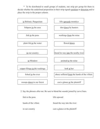 * To be distributed to small groups of students, one strip per group for them to
decide whether the underlined preposition in their strip signals position or direction and to
place the strip in the proper column.



      in Bolinao, Pangasinan                      lifts upwards monekys

        fishpens in the area                       shot down by hunters


          fish in the pens                        washings from the mine


       plant life in the water                           flowed down



          in our country                    found its way into the nearby river


            in Mindoro                              pointed to the mine


  copper filings in the washings                         look at her

         fished in the river                 abuse suffered from the hands of the villain


    swoops down to our forest                   cast a glance at the plaintiff



   2. Say the phrases after me. Be sure to blend the sounds joined by curve lines.

      fish in the pens                    lifts upward

      hands of the villain                found the way into the river

      in our country                      cast a glance at the plaintiff
 