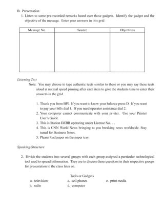 B. Presentation
  1. Listen to some pre-recorded remarks heard over those gadgets. Identify the gadget and the
     objective of the message. Enter your answers in this grid

       Message No.                         Source                         Objectives




Listening Text
        Note: You may choose to tape authentic texts similar to these or you may say these texts
              aloud at normal speed pausing after each item to give the students time to enter their
              answers in the grid.

             1. Thank you from BPI. If you want to know your balance press D. If you want
                to pay your bills dial 1. If you need operator assistance dial 2.
             2. Your computer cannot communicate with your printer. Use your Printer
                User’s Guide.
             3. This is Station DZBB operating under License No.. . .
             4. This is CNN World News bringing to you breaking news worldwide. Stay
                tuned for Business News.
             5. Please load paper on the paper tray.

Speaking/Structure

  2. Divide the students into several groups with each group assigned a particular technological
     tool used to spread information. They are to discuss these questions in their respective groups
     for presentation to the class later on.

                                      Tools or Gadgets
         a. television              c. cell phones              e. print media
         b. radio                   d. computer
 