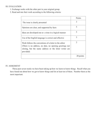 III. EVALUATION
      1. Exchange works with the other pair in your original group.
      2. Read and rate their work according to the following criteria:

                                                                                   Points

                     The issue is clearly presented                                3

                    Opinions are clear, and supported by facts                     5

                    Ideas are developed one at a time in a logical manner          5

                    Use of the English language is correct and effective           5

                    Work follows the conventions of a letter to the editor         2
                    (There is no address, no date, no opening greetings nor
                    closing, but the name address or the letter writer are
                    provided)

                                                                                    20 points



IV. ASSIGMENT
       These past seven weeks we have been taking up how we learn to know things. Recall what you
     have found out about how we get to know things and list at least ten of them. Number them as the
     most important.
 