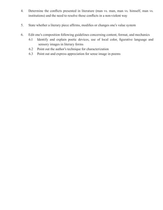 4.   Determine the conflicts presented in literature (man vs. man, man vs. himself, man vs.
     institutions) and the need to resolve those conflicts in a non-violent way

5.   State whether a literary piece affirms, modifies or changes one’s value system

6.   Edit one’s composition following guidelines concerning content, format, and mechanics
     6.1 Identify and explain poetic devices, use of local color, figurative language and
            sensory images in literary forms
     6.2 Point out the author’s technique for characterization
     6.3 Point out and express appreciation for sense image in poems
 