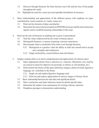 2.3   Discover through literature the links between one’s life and the lives of the people
           throughout the world
     2.4   Highlight the need for a more just and equitable distribution of resources

3.   Show understanding and appreciation of the different genres with emphasis on types
     contributed by Asian countries (i.e. haiku, tanka etc.)
     3.1    Point out the elements of plays and playlets
     3.2    Determine the macro discourse patterns (PSNTRI) of essays and the micro discourse
            signals used to establish meaning relationships in the essay

4.   Point out the role of literature in enabling one to grow in personhood
     4.1    Note the values underscored by the writer in literary pieces
     4.2    Distinguish literature s a means of gaining vicarious experiences
     4.3    Discriminate what is worthwhile from what is not through literature
            4.3.1 Distinguish as a positive value the ability to look into oneself and to accept
                        one’s strengths and weaknesses
            4.3.2 Single out humility, resourcefulness and self-reliance

5.   Employ reading skills as an aid in comprehension and appreciation of a literary piece
     5.1   Select appropriate details from a selection (i.e. contrasts, illustration, etc.) used by
           an essayist to attain his objective (to persuade, to inform, to call attention, etc.)
     5.2   Point out how the choice of title space allotment, imagery, choice of words, figurative
           language, etc. contribute to the theme
          5.2.1 Single out and explain figurative language used
          5.2.2 Point out and express appreciation of sensory images in literary forms
     5.3 Show relationship between the man idea and significant details
     5.4   Draw conclusions and make inferences based on details/specific ideas
     5.5   Determine the author’s tone and purpose for writing a literary selection
     5.6   Paraphrase passages to demonstrate understanding
 
