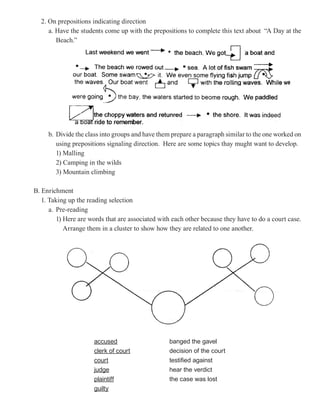 2. On prepositions indicating direction
     a. Have the students come up with the prepositions to complete this text about “A Day at the
        Beach.”




     b. Divide the class into groups and have them prepare a paragraph similar to the one worked on
        using prepositions signaling direction. Here are some topics thay mught want to develop.
        1) Malling
        2) Camping in the wilds
        3) Mountain climbing

B. Enrichment
   1. Taking up the reading selection
      a. Pre-reading
         1) Here are words that are associated with each other because they have to do a court case.
            Arrange them in a cluster to show how they are related to one another.




                      accused                     banged the gavel
                      clerk of court              decision of the court
                      court                       testified against
                      judge                       hear the verdict
                      plaintiff                   the case was lost
                      guilty
 