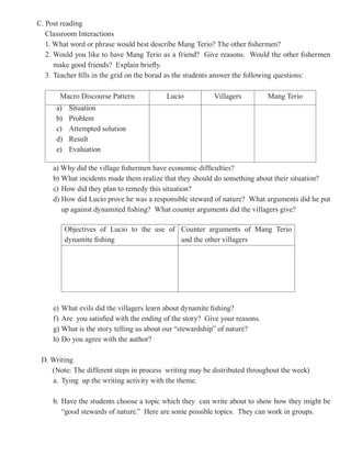 C. Post reading
   Classroom Interactions
   1. What word or phrase would best describe Mang Terio? The other fishermen?
   2. Would you like to have Mang Terio as a friend? Give reasons. Would the other fishermen
      make good friends? Explain briefly.
   3. Teacher fills in the grid on the borad as the students answer the following questions:

       Macro Discourse Pattern            Lucio           Villagers          Mang Terio
      a)    Situation
      b)    Problem
      c)    Attempted solution
      d)    Result
      e)    Evaluation

     a) Why did the village fishermen have economic difficulties?
     b) What incidents made them realize that they should do something about their situation?
     c) How did they plan to remedy this situation?
     d) How did Lucio prove he was a responsible steward of nature? What arguments did he put
        up against dynamited fishing? What counter arguments did the villagers give?

           Objectives of Lucio to the use of Counter arguments of Mang Terio
           dynamite fishing                  and the other villagers




     e) What evils did the villagers learn about dynamite fishing?
     f) Are you satisfied with the ending of the story? Give your reasons.
     g) What is the story telling us about our “stewardship” of nature?
     h) Do you agree with the author?

 D. Writing
    (Note: The different steps in process writing may be distributed throughout the week)
    a. Tying up the writing activity with the theme.

     b. Have the students choose a topic which they can write about to show how they might be
        “good stewards of nature.” Here are some possible topics. They can work in groups.
 