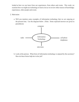 looked at how we can learn from our experiences, from others and events. This week, we
  examine how we might use technology to learn even as we review other sources of knowledge:
  experiences, other people and events

2. Motivation

     a. Will you mention some examples of information technology that we are enjoying at
        the present time. Use the diagram below. (Note: Some expected answers are given in
        parenthesis)
                                        computer




                                       Information
                radio                                                    cell phone
                                       Technology
                                                                         telephones



                                       television



     b. Look at this picture. What form of information technology is enjoyed by the secretary?
        How do these forms help her in her job?
 