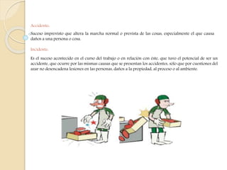 Accidente: 
Suceso imprevisto que altera la marcha normal o prevista de las cosas, especialmente el que causa 
daños a una persona o cosa. 
Incidente: 
Es el suceso acontecido en el curso del trabajo o en relación con éste, que tuvo el potencial de ser un 
accidente, que ocurre por las mismas causas que se presentan los accidentes, sólo que por cuestiones del 
azar no desencadena lesiones en las personas, daños a la propiedad, al proceso o al ambiente. 
