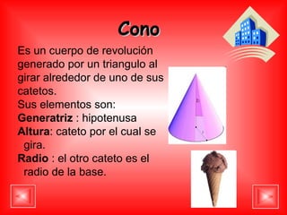 Cono   Es un cuerpo de revolución generado por un triangulo al girar alrededor de uno de sus catetos. Sus elementos son:  Generatriz  : hipotenusa  Altura : cateto por el cual se gira. Radio  : el otro cateto es el radio de la base. 