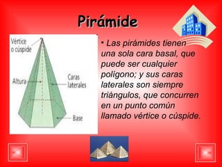 Pirámide  Las pirámides tienen  una sola cara basal, que puede ser cualquier polígono; y sus caras laterales son siempre triángulos, que concurren en un punto común llamado vértice o cúspide. 
