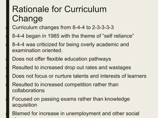 Rationale for Curriculum
Change
■ Curriculum changes from 8-4-4 to 2-3-3-3-3
■ 8-4-4 began in 1985 with the theme of “self reliance”
■ 8-4-4 was criticized for being overly academic and
examination oriented.
■ Does not offer flexible education pathways
■ Resulted to increased drop out rates and wastages
■ Does not focus or nurture talents and interests of learners
■ Resulted to increased competition rather than
collaborations
■ Focused on passing exams rather than knowledge
acquisition
■ Blamed for increase in unemployment and other social
 