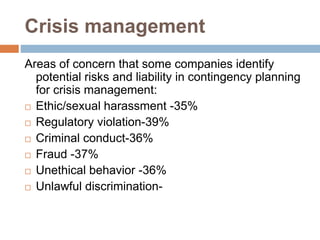 Crisis management
Areas of concern that some companies identify
potential risks and liability in contingency planning
for crisis management:
 Ethic/sexual harassment -35%
 Regulatory violation-39%
 Criminal conduct-36%
 Fraud -37%
 Unethical behavior -36%
 Unlawful discrimination-
 