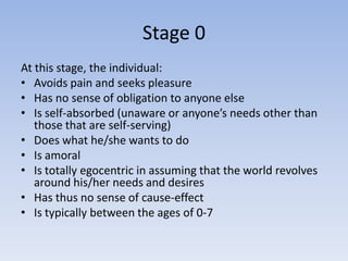 Stage 0
At this stage, the individual:
• Avoids pain and seeks pleasure
• Has no sense of obligation to anyone else
• Is self-absorbed (unaware or anyone’s needs other than
   those that are self-serving)
• Does what he/she wants to do
• Is amoral
• Is totally egocentric in assuming that the world revolves
   around his/her needs and desires
• Has thus no sense of cause-effect
• Is typically between the ages of 0-7
 