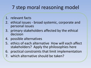 7 step moral reasoning model
1. relevant facts
2. ethical issues - broad systemic, corporate and
   personal issues
3. primary stakeholders affected by the ethical
   decision
4. possible alternatives
5. ethics of each alternative How will each affect
   stakeholders? Apply the philosophies here
6. practical constraints that limit implementation
7. which alternative should be taken?
 