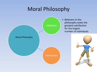 Moral Philosophy
                                 • Believers in the
                                   philosophy seeks the
                   Utilitarian     greatest satisfaction
                                   for the largest
                                   number of individuals

Moral Philosophy




                   Humanistic
 