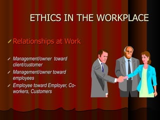 ETHICS IN THE WORKPLACE Relationships at Work Management/owner  toward  client/customer Management/owner toward employees Employee toward Employer, Co-workers, Customers 