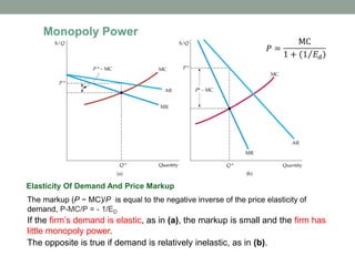 Elasticity Of Demand And Price Markup
The markup (P − MC)/P is equal to the negative inverse of the price elasticity of
demand, P-MC/P = - 1/ED
If the firm’s demand is elastic, as in (a), the markup is small and the firm has
little monopoly power.
The opposite is true if demand is relatively inelastic, as in (b).
Monopoly Power
 