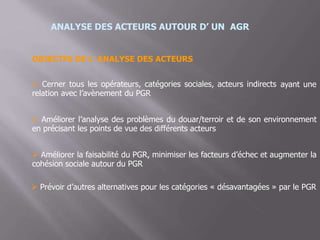 ANALYSE DES ACTEURS AUTOUR D’ UN AGR
OBJECTFS DE L’ ANALYSE DES ACTEURS
 Cerner tous les opérateurs, catégories sociales, acteurs indirects
relation avec l’avènement du PGR
ayant une
 Améliorer l’analyse des problèmes du douar/terroir et de son environnement
en précisant les points de vue des différents acteurs
 Améliorer la faisabilité du PGR, minimiser les facteurs d’échec et augmenter la
cohésion sociale autour du PGR
 Prévoir d’autres alternatives pour les catégories « désavantagées » par le PGR
 