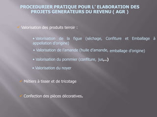 PROCEDURIER PRATIQUE POUR L’ ELABORATION
PROJETS GENERATEURS DU REVENU ( AGR )
DES
Valorisation des produits terroir :
• Valorisation de la figue (séchage, Confiture et Emballage à
appellation d’origine)
• Valorisation de l’amande (huile d’amande, emballage d’origine)
• Valorisation du pommier (confiture, jus,..)
• Valorisation du noyer
 Métiers à tisser et de tricotage
 Confection des pièces décoratives.
 