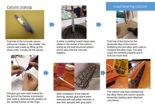 Column making
A white modelling board I-beam was
added in the center of the column
acting as the load structural system
and to also hold the concrete
together.
First trial of the concrete column
without an I-beam in the middle. The
column was made by filling up the
straw mold. It broke off into pieces.
First trial of the frame for the
terracotta tiles of the column.
Soldering tool and alloy were used to
combine the alloy rings. The alloy
could not combine properly and it
took too much time.
Hot glue gun was used instead for
the joint of the frames. A protractor
was used to determine the position of
the vertical frames on the rings.
Load bearing column
After completion of the internal
framing, excess glue stains were
removed with nail polish remover. It
was then sprayed with gray paint.
The column was then inserted into
the alloy frame and column specific
terracotta cladding were attached
onto frame.
15
 