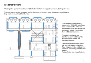 Load Distributions
The cantilever of the building is
supported by W40 x 362 wide flange
steel beams installed in the roof
structure and fourth floor. Above and
below each walls at the cantilever
there will be a cross beam.
The loads from the top are
transferred downward through the
load transferring walls to the
foundation footings.
The column is an important part of
the structure to support the fourth
floor. It is placed in the middle of the
cantilever and directly under the steel
beams
To transfer the load more effectively.
The longer the span of the cantilever and the further it is from the supporting structure, the larger the load.
The cross bracing tension cables are used to strengthen the structure of the glass atrium especially when
large loads are transferred from the top.
5
 