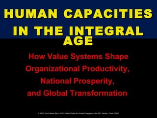 How Value Systems Shape Organizational Productivity,  National Prosperity,  and Global Transformation   HUMAN CAPACITIES IN THE INTEGRAL AGE ©  2005  Don Edward Beck, Ph.D. Global Center for Human Emergence. Box 797, Denton, Texas 76202 