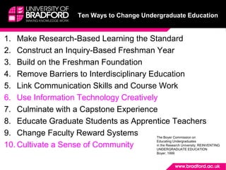 1. Make Research-Based Learning the Standard
2. Construct an Inquiry-Based Freshman Year
3. Build on the Freshman Foundation
4. Remove Barriers to Interdisciplinary Education
5. Link Communication Skills and Course Work
6. Use Information Technology Creatively
7. Culminate with a Capstone Experience
8. Educate Graduate Students as Apprentice Teachers
9. Change Faculty Reward Systems
10. Cultivate a Sense of Community
Ten Ways to Change Undergraduate Education
The Boyer Commission on
Educating Undergraduates
in the Research University: REINVENTING
UNDERGRADUATE EDUCATION
Boyer, 1999
 