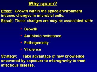   Why space? Effect :  Growth within the space environment induces changes in microbial cells. Result : These changes are may be associated with:  Growth   Antibiotic resistance Pathogenicity Virulence  Strategy :  Take advantage of new knowledge uncovered by exposure to microgravity to treat infectious disease. 