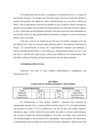 O resultado dessa sala de aula é a construção e a descoberta do novo, é a criação de
uma atitude de busca, e de coragem que esta busca exige. Esta sala de aula não reproduz o
passado pelo passado, mas debruça-se sobre o passado porque aí se encontra o embrião do
futuro. Vive-se intensamente o presente na medida em que se constrói o futuro, buscando no
passado sua fecundação. Dos escombros do passado delineia-se o horizonte do futuro; origina-
se, daí, o significado que dá plenitude ao presente. Para quem pensa que estou desenhando um
mar de rosas, alerto que, para grande número de indivíduos, configura-se como extremamente
penoso mexer no passado.
Como diz a mãe de um menino de rua: Para que vou lembrar o passado se ele não
tem nada de bom? Aqui, os conceitos, muito próximos entre si, de tomada de consciência de
Piaget e de conscientização de Freire são excepcionalmente fecundos para dialetizar o
processo passado-presente-futuro. A convicção que a epistemologia genética nos traz é a de
que este é o caminho para jogar-se para o futuro, para adiantar-se aos acontecimentos. Para
não andar a reboque da história, mas para fazer história; para ser sujeito, portanto.
CONSIDERAÇÕES FINAIS
Ajuntemos, num todo, os vários modelos, epistemológicos e pedagógicos, que
deixamos para trás:
QUADRO I
Comparação dos modelos pedagógico e epistemológico
EPISTEMOLOGIA PEDAGOGIA
Teoria Modelo Modelo Teoria
Empirismo
Apriorismo
Construtivismo
S O
S O
S O
S O
S O
S O
Diretivismo
Não-Diretivismo
Ped. Relacional
Se sobrepusermos as duas colunas “modelos”, estaremos mais próximos da
representação desejada. Isto é, a mesma relação existente entre S e O a nível epistemológico
está presente na relação A e P ao estabelecer-se, em sala de aula, uma relação cognitiva.
Encontra-se, aqui, o motivo mesmo de nossa análise: desvendar as relações epistemológicas
que ocorrem no âmago das relações pedagógicas. De acordo com Piaget, não se pode fazer
inter disciplinandade, se este nível não estiver contemplado. Vamos apontar, sem desenvolver,
as possibilidades que são abertas por esta forma de análise, ampliando a tabela acima. Para
 