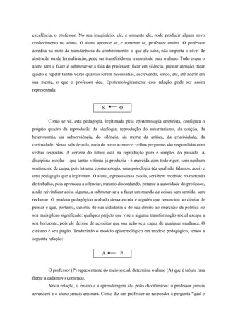 excelência, o professor. No seu imaginário, ele, e somente ele, pode produzir algum novo
conhecimento no aluno. O aluno aprende se, e somente se, professor ensina. O professor
acredita no mito da transferência do conhecimento: o que ele sabe, não importa o nível de
abstração ou de formalização, pode ser transferido ou transmitido para o aluno. Tudo o que o
aluno tem a fazer é submeter-se à fala do professor: ficar em silêncio, prestar atenção, ficar
quieto e repetir tantas vezes quantas forem necessárias, escrevendo, lendo, etc, até aderir em
sua mente, o que o professor deu. Epistemologicamente esta relação pode ser assim
representada:
Como se vê, esta pedagogia, legitimada pela epistemologia empirista, configura o
próprio quadro da reprodução da ideologia; reprodução do autoritarismo, da coação, da
heteronomia, da subserviência, do silêncio, da morte da crítica, da criatividade, da
curiosidade. Nessa sala de aula, nada de novo acontece: velhas perguntas são respondidas com
velhas respostas. A certeza do futuro está na reprodução pura e simples do passado. A
disciplina escolar – que tantas vítimas já produziu - é exercida com todo rigor, sem nenhum
sentimento de culpa, pois há uma epistemologia, uma psicologia (da qual não falamos, aqui) e
uma pedagogia que a legitimam. O aluno, egresso dessa escola, será bem recebido no mercado
de trabalho, pois aprendeu a silenciar, mesmo discordando, perante a autoridade do professor,
a não reivindicar coisa alguma, a submeter-se e a fazer um mundo de coisas sem sentido, sem
reclamar. O produto pedagógico acabado dessa escola é alguém que renunciou ao direito de
pensar e que, portanto, desistiu de sua cidadania e do seu direito ao exercício da política no
seu mais pleno significado: qualquer projeto que vise a alguma transformação social escapa a
seu horizonte, pois ele deixou de acreditar que sua ação seja capaz de qualquer mudança. O
cinismo é seu jargão. Traduzindo o modelo epistemológico em modelo pedagógico, temos a
seguinte relação:
O professor (P) representante do meio social, determina o aluno (A) que é tabula rasa
frente a cada novo conteúdo.
Nesta relação, o ensino e a aprendizagem são polis dicotômicos: o professor jamais
aprenderá e o aluno jamais ensinará. Como diz um professor ao responder à pergunta "qual o
S O
A P
 