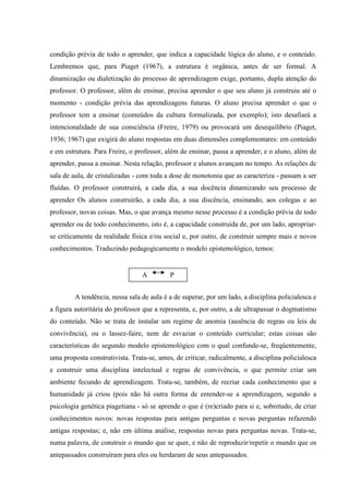 condição prévia de todo o aprender, que indica a capacidade lógica do aluno, e o conteúdo.
Lembremos que, para Piaget (1967), a estrutura é orgânica, antes de ser formal. A
dinamização ou dialetização do processo de aprendizagem exige, portanto, dupla atenção do
professor. O professor, além de ensinar, precisa aprender o que seu aluno já construiu até o
momento - condição prévia das aprendizagens futuras. O aluno precisa aprender o que o
professor tem a ensinar (conteúdos da cultura formalizada, por exemplo); isto desafiará a
intencionalidade de sua consciência (Freire, 1979) ou provocará um desequilíbrio (Piaget,
1936; 1967) que exigirá do aluno respostas em duas dimensões complementares: em conteúdo
e em estrutura. Para Freire, o professor, além de ensinar, passa a aprender; e o aluno, além de
aprender, passa a ensinar. Nesta relação, professor e alunos avançam no tempo. As relações de
sala de aula, de cristalizadas - com toda a dose de monotonia que as caracteriza - passam a ser
fluídas. O professor construirá, a cada dia, a sua docência dinamizando seu processo de
aprender Os alunos construirão, a cada dia, a sua discência, ensinando, aos colegas e ao
professor, novas coisas. Mas, o que avança mesmo nesse processo é a condição prévia de todo
aprender ou de todo conhecimento, isto é, a capacidade construída de, por um lado, apropriar-
se criticamente da realidade física e/ou social e, por outro, de construir sempre mais e novos
conhecimentos. Traduzindo pedagogicamente o modelo epistemológico, temos:
A tendência, nessa sala de aula é a de superar, por um lado, a disciplina policialesca e
a figura autoritária do professor que a representa, e, por outro, a de ultrapassar o dogmatismo
do conteúdo. Não se trata de instalar um regime de anomia (ausência de regras ou leis de
convivência), ou o lassez-faire, nem de esvaziar o conteúdo curricular; estas coisas são
características do segundo modelo epistemológico com o qual confunde-se, freqüentemente,
uma proposta construtivista. Trata-se, antes, de criticar, radicalmente, a disciplina policialesca
e construir uma disciplina intelectual e regras de convivência, o que permite criar um
ambiente fecundo de aprendizagem. Trata-se, também, de recriar cada conhecimento que a
humanidade já criou (pois não há outra forma de entender-se a aprendizagem, segundo a
psicologia genética piagetiana - só se aprende o que é (re)criado para si e, sobretudo, de criar
conhecimentos novos: novas respostas para antigas perguntas e novas perguntas refazendo
antigas respostas; e, não em última análise, respostas novas para perguntas novas. Trata-se,
numa palavra, de construir o mundo que se quer, e não de reproduzir/repetir o mundo que os
antepassados construíram para eles ou herdaram de seus antepassados.
A P
 