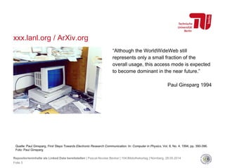 xxx.lanl.org / ArXiv.org
Quelle: Paul Ginsparg, First Steps Towards Electronic Research Communication. In: Computer in Physics, Vol. 8, No. 4, 1994, pp. 390-396.
Foto: Paul Ginsparg
“Although the WorldWideWeb still
represents only a small fraction of the
overall usage, this access mode is expected
to become dominant in the near future.”
Paul Ginsparg 1994
Repositorieninhalte als Linked Data bereitstellen | Pascal-Nicolas Becker | 104.Bibliothekartag | Nürnberg, 28.05.2014
Folie 3
 