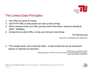Folie 13
DSpace und das Semantic Web | Pascal-Nicolas Becker | 104.Bibliothekartag | Nürnberg, 28.05.2014
The Linked Data Principles
1. Use URIs as names for things
2. Use HTTP URIs so that people can look up those things
3. When someone looks up a URI, provide useful information, using the standards
(RDF*, SPARQL)
4. Include links to other URIs, so they can discover more things
Tim Berners-Lee
http://www.w3.org/DesignIssues/LinkedData.html
 “This creates what I call a Semantic Web – a web of data that can be processed
directly or indirectly by machines.”
Tim Berners-Lee und Marc Fischetti:
“Weaving the Web. The Past, Present and Future of the World Wide Web by its Initiator”
London 1999, ISBN: 0-7528-2090-7
 