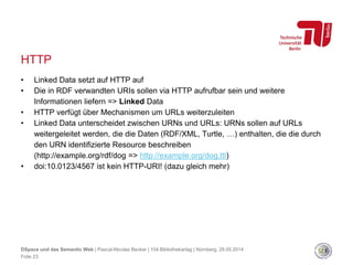 HTTP
• Linked Data setzt auf HTTP auf
• Die in RDF verwandten URIs sollen via HTTP aufrufbar sein und weitere
Informationen liefern => Linked Data
• HTTP verfügt über Mechanismen um URLs weiterzuleiten
• Linked Data unterscheidet zwischen URNs und URLs: URNs sollen auf URLs
weitergeleitet werden, die die Daten (RDF/XML, Turtle, …) enthalten, die die durch
den URN identifizierte Resource beschreiben
(http://example.org/rdf/dog => http://example.org/dog.ttl)
• doi:10.0123/4567 ist kein HTTP-URI! (dazu gleich mehr)
Folie 23
DSpace und das Semantic Web | Pascal-Nicolas Becker | 104.Bibliothekartag | Nürnberg, 28.05.2014
 