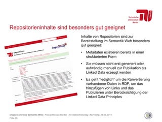 Repositorieninhalte sind besonders gut geeignet
Inhalte von Repositorien sind zur
Bereitstellung im Semantik Web besonders
gut geeignet:
• Metadaten existieren bereits in einer
strukturierten Form
• Sie müssen nicht erst generiert oder
aufwändig manuell zur Publikation als
Linked Data erzeugt werden
• Es geht “lediglich” um die Konvertierung
vorhandener Daten in RDF, um das
hinzufügen von Links und das
Publizieren unter Berücksichtigung der
Linked Data Principles
DSpace und das Semantic Web | Pascal-Nicolas Becker | 104.Bibliothekartag | Nürnberg, 28.05.2014
Folie 26
 