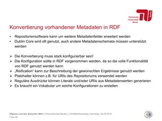 Konvertierung vorhandener Metadaten in RDF
• Repositoriensoftware kann um weitere Metadatenfelder erweitert werden
• Dublin Core wird oft genutzt, auch andere Metadatenschemata müssen unterstützt
werden
 Die Konvertierung muss stark konfigurierbar sein!
 Die Konfiguration sollte in RDF vorgenommen werden, da so die volle Funktionalität
von RDF genutzt werden kann
 „Reification“ kann zur Beschreibung der gewünschten Ergebnisse genutzt werden
 Platzhalter können z.B. für URIs des Repositoriums verwendet werden
 Reguläre Ausdrücke können Literale und/oder URIs aus Metadatenwerten generieren
 Es braucht ein Vokabular um solche Konfigurationen zu erstellen
DSpace und das Semantic Web | Pascal-Nicolas Becker | 104.Bibliothekartag | Nürnberg, 28.05.2014
Folie 30
 