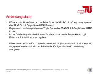 Verbindungsdaten
• DSpace nutzt für Abfragen an den Triple Store die SPARQL 1.1 Query Language und
das SPARQL 1.1 Graph Store HTTP Protocol
• Dspace nutzt zur Manipulation des Triple Stores das SPARQL 1.1 Graph Store HTTP
Protocol
• In der Datei rdf.cfg sind die Adressen für die entsprechende Endpunkte und ggf.
Daten zur Authentifikation anzugeben
• Die Adresse des SPARQL Endpoints, wie er in RDF (z.B. mittels void:sparqlEndpoint)
angegeben werden soll, sind im Rahmen der Konfiguration der Konvertierung
anzugeben
Folie 37
DSpace und das Semantic Web | Pascal-Nicolas Becker | 104.Bibliothekartag | Nürnberg, 28.05.2014
 