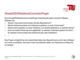 SimpleDSORelationsConverterPlugin
Das SimpleDSORelationsConverterPlugin bildet Beziehungen zwischen DSpace-
Objekten ab:
• Welche Top-Level-Communities hat das Repositorium?
• Welche Subcommunities und Collections gehören zu einer Community?
• Welche Items gehören zu einer Collection und welche Bitstreams zu welchen Items?
• Auch die andere Richtung wird abgebildet: zu welchen Collections gehört ein Item?
Zu welchen Communities eine Subcommunity oder Collection?
• ...
Das Plugin ermöglicht es die Linked-Data-Daten des Repositoriums durch das Verfolgen
von Links zu erfassen, sich also in den konvertierten Daten von Resource zu Resource
zu hangeln.
Folie 41
DSpace und das Semantic Web | Pascal-Nicolas Becker | 104.Bibliothekartag | Nürnberg, 28.05.2014
 