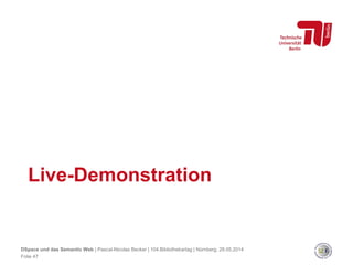 Live-Demonstration
Folie 47
DSpace und das Semantic Web | Pascal-Nicolas Becker | 104.Bibliothekartag | Nürnberg, 28.05.2014
 