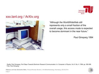 xxx.lanl.org / ArXiv.org
Quelle: Paul Ginsparg, First Steps Towards Electronic Research Communication. In: Computer in Physics, Vol. 8, No. 4, 1994, pp. 390-396.
Foto: Paul Ginsparg
“Although the WorldWideWeb still
represents only a small fraction of the
overall usage, this access mode is expected
to become dominant in the near future.”
Paul Ginsparg 1994
DSpace und das Semantic Web | Pascal-Nicolas Becker | 104.Bibliothekartag | Nürnberg, 28.05.2014
Folie 7
 