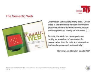 Folie 8
DSpace und das Semantic Web | Pascal-Nicolas Becker | 104.Bibliothekartag | Nürnberg, 28.05.2014
The Semantic Web
„Information varies along many axes. One of
these is the difference between information
produced primarily for human consumption
and that produced mainly for machines. […]
To date, the Web has developed most
rapidly as a medium of documents for
people rather than for data and information
that can be processed automatically.“
Berners-Lee, Handler, Lasilla 2001
 