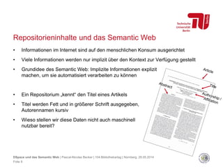 Repositorieninhalte und das Semantic Web
• Informationen im Internet sind auf den menschlichen Konsum ausgerichtet
• Viele Informationen werden nur implizit über den Kontext zur Verfügung gestellt
• Grundidee des Semantic Web: Implizite Informationen explizit
machen, um sie automatisiert verarbeiten zu können
• Ein Repositorium „kennt“ den Titel eines Artikels
• Titel werden Fett und in größerer Schrift ausgegeben,
Autorennamen kursiv
• Wieso stellen wir diese Daten nicht auch maschinell
nutzbar bereit?
DSpace und das Semantic Web | Pascal-Nicolas Becker | 104.Bibliothekartag | Nürnberg, 28.05.2014
Folie 9
 