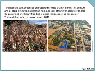 Figure 13.1 p350
Two possible consequences of projected climate change during this century
are (a) crop losses from excessive heat and lack of water in some areas and
(b) prolonged and heavy flooding in other regions such as this area of
Thailand that suffered heavy rains in 2011.
 