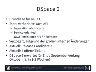 DSpace 6
• Grundlage für neue UI
• Stark veränderte Java API
– Separation of concerns
– Service-oriented
– Java Persistence API / Hibernate
• Verzögert, aufgrund der großen internen Änderungen
• Aktuell: Release Candidate 3
• Aktuell: 4 offene Tickets
• DSpace 6 erwartet für Ende September/Anfang
Oktober (ja, in 1-3 Wochen)
ZBW Hamburg | 27.09.2016German DSpace User Group Meeting 2016 14
 