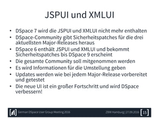 JSPUI und XMLUI
• DSpace 7 wird die JSPUI und XMLUI nicht mehr enthalten
• DSpace-Community gibt Sicherheitspatches für die drei
aktuellsten Major-Releases heraus
• DSpace 6 enthält JSPUI und XMLUI und bekommt
Sicherheitspatches bis DSpace 9 erscheint
• Die gesamte Community soll mitgenommen werden
• Es wird Informationen für die Umstellung geben
• Updates werden wie bei jedem Major-Release vorbereitet
und getestet
• Die neue UI ist ein großer Fortschritt und wird DSpace
verbessern!
ZBW Hamburg | 27.09.2016German DSpace User Group Meeting 2016 15
 