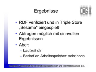 Ergebnisse

      • RDF verifiziert und in Triple Store
        „Sesame“ eingespielt
      • Abfragen möglich mit sinnvollen
        Ergebnissen
      • Aber:
           – Laufzeit ok
           – Bedarf an Arbeitsspeicher: sehr hoch

Deutsche Gesellschaft für Informationswissenschaft und Informationspraxis e.V.
 